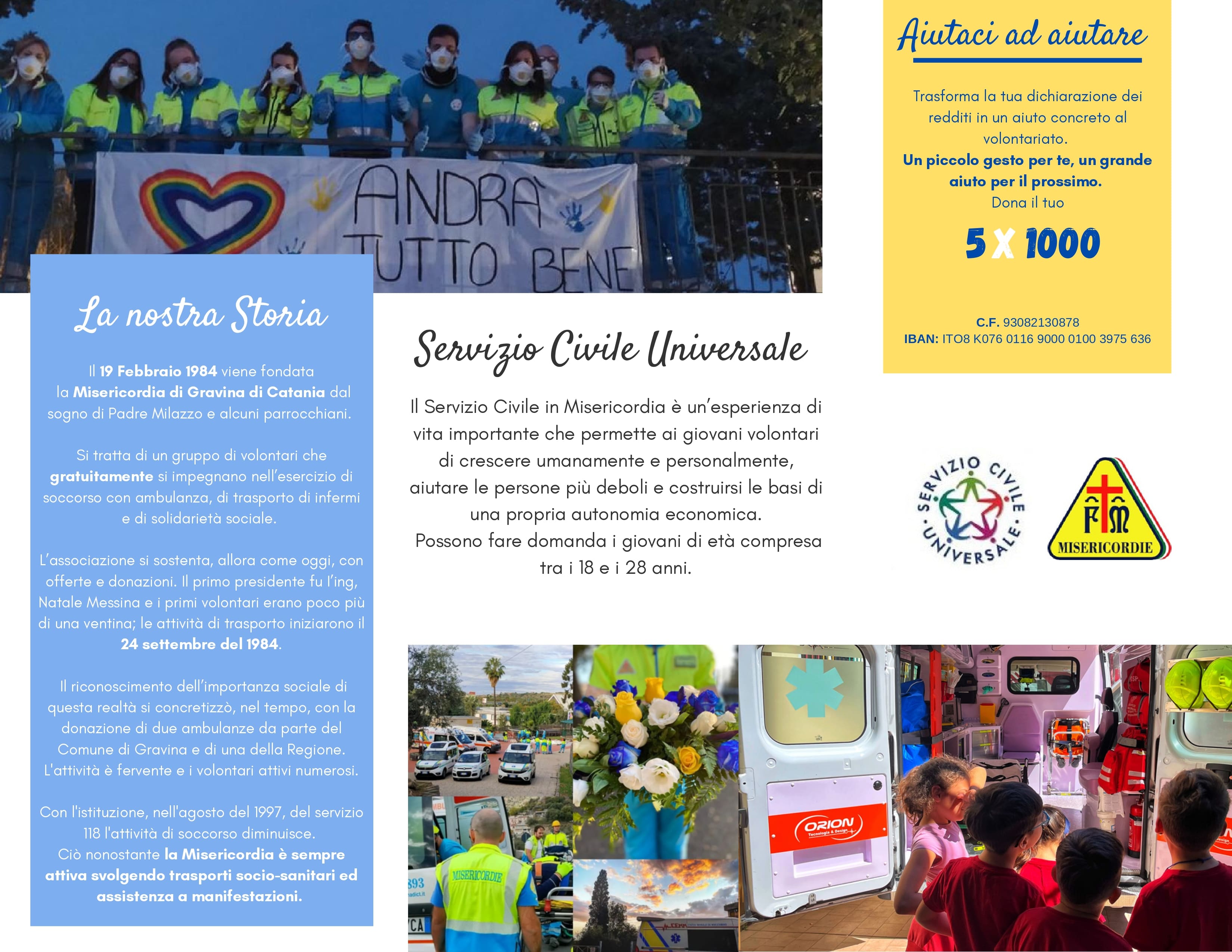 Volontari della Misericordia con striscione 'Andrà tutto bene'